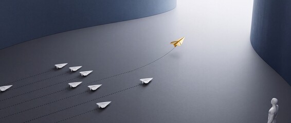 Fototapeta premium Gold Paper Airplane Leading a Group of White Paper Planes Toward a Bright Light Source, Representing Leadership, Innovation, Business Strategy, Individual Success, and Vision in a Conceptual Wide