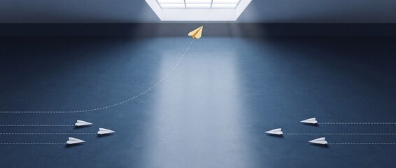 Fototapeta premium Conceptual Wide Shot of a Yellow Paper Plane Flying Towards a Bright Window Representing Leadership, Innovation, and Breaking Free from the Crowd in a Modern Minimalist Room Environment