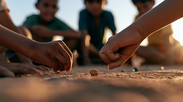 Children's hands are aiming marbles in the sand, engaging in a traditional outdoor game during sunset, symbolizing friendship, childhood innocence, and a cherished moment of play