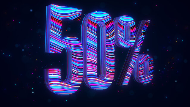 Large futuristic 3D 50 percent typography in perspective with vibrant blue and purple flowing stripes, glowing particles, and luminous bokeh against a dark digital space background.