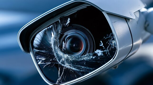 Broken cctv camera with a cracked lens on outdoor housing, symbolizing failed surveillance, vandalism, data breach risk and vulnerability in modern security systems and infrastructure