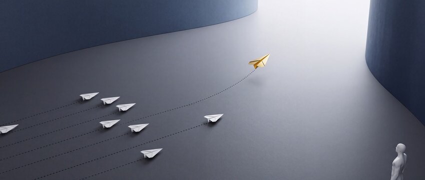 Gold Paper Airplane Leading a Group of White Paper Planes Toward a Bright Light Source, Representing Leadership, Innovation, Business Strategy, Individual Success, and Vision in a Conceptual Wide