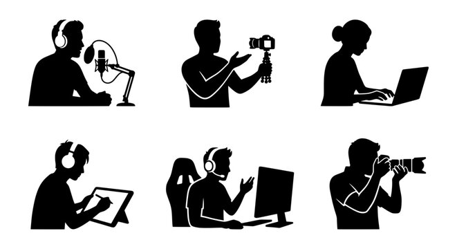 Content creator silhouettes set with podcaster, vlogger, remote worker, digital artist, gamer and photographer for app and web