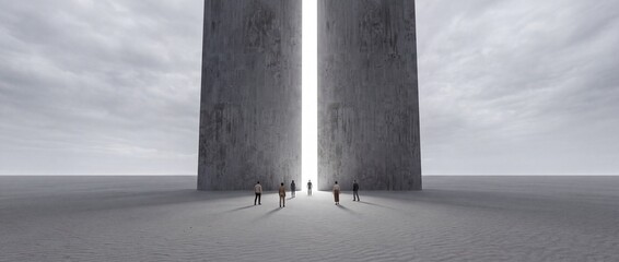 Fototapeta premium A group of people standing before two massive concrete monoliths with bright white light glowing from a narrow vertical portal in a vast barren landscape, cinematic surreal concept of hope and