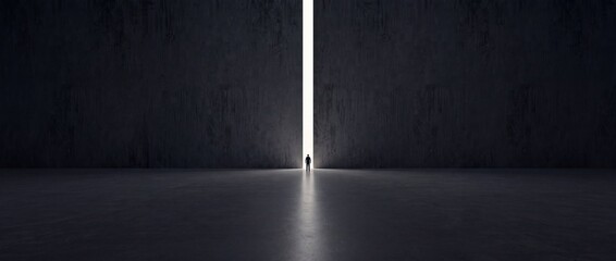 Fototapeta premium Silhouette of a man standing in front of a giant opening in a dark massive concrete wall with bright light shining through, representing hope, new beginnings, opportunity and future goals.