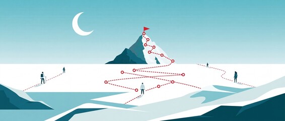 Fototapeta premium Professional Business Strategy and Success Concept Illustration Featuring People Navigating a Winding Red Dotted Path Toward a Mountain Peak with a Red Flag Under a Crescent Moon Sky Background