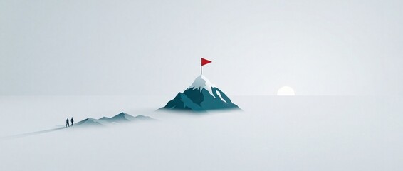 Fototapeta premium Minimalist Concept of Two Businessmen Walking Towards a High Mountain Peak with a Red Flag Symbolizing Corporate Success, Goal Achievement, Leadership, and Clear Strategic Vision in Business.