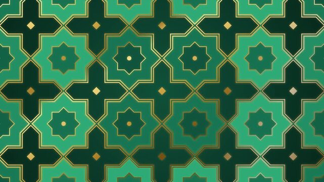 Islamic pattern of eight-point stars and crosses in emerald and gold, slowly drifting, seamless loop