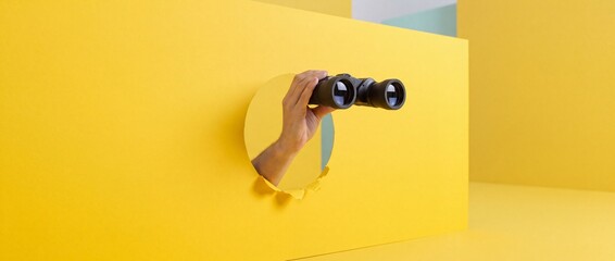 Fototapeta premium Conceptual Minimalist Image of a Person's Hand Holding Binoculars Through a Round Hole in a Bright Yellow Paper Wall Representing Discovery, Vision, Market Research, and Scouting Opportunities.