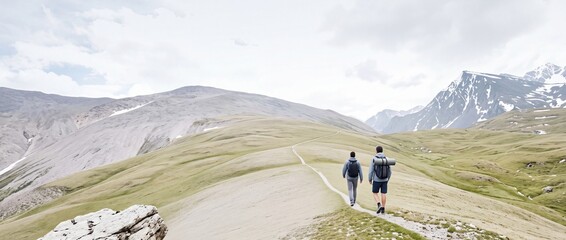 Fototapeta premium Rear view of two male hikers with backpacks walking on a winding mountain trail in a vast alpine landscape with snowy peaks under a cloudy sky, emphasizing outdoor adventure and exploration.