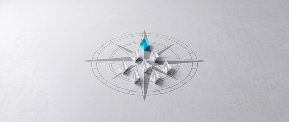 Fototapeta premium Blue Paper Boat Leading a Fleet of White Origami Boats on a Compass Rose Graphic, Representing Leadership, Business Strategy, Navigation, and Creative Vision in a Minimalist Wide Context Design.