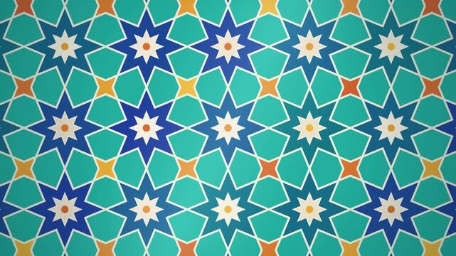 Islamic zellige mosaic pattern in turquoise, blue and saffron with shifting colors, seamless loop