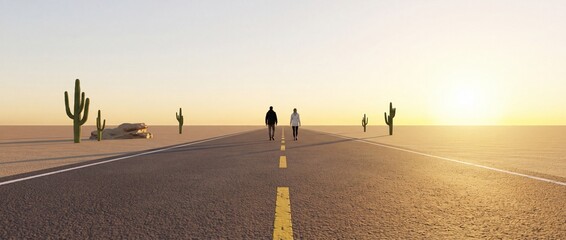Fototapeta premium Rear view of a young couple walking down a long straight asphalt road in a vast desert landscape with cacti under a warm golden sunset sky, representing journey, exploration, and future goals.
