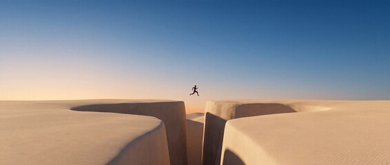Fototapeta premium Silhouette of a man jumping over a wide gap between sand dunes in a vast desert at sunset, representing courage, overcoming challenges, and achieving success in a wide conceptual landscape.