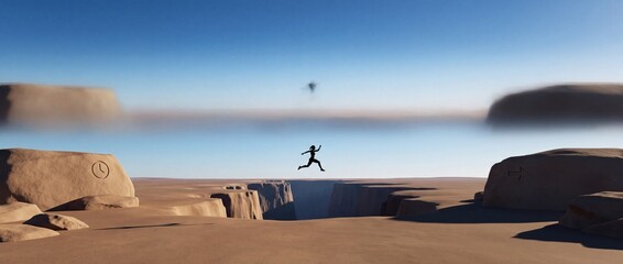 Fototapeta premium Silhouette of a brave person jumping over a deep canyon gap in a desert landscape, representing courage, risk-taking, overcoming obstacles, and a leap of faith toward success and progress.