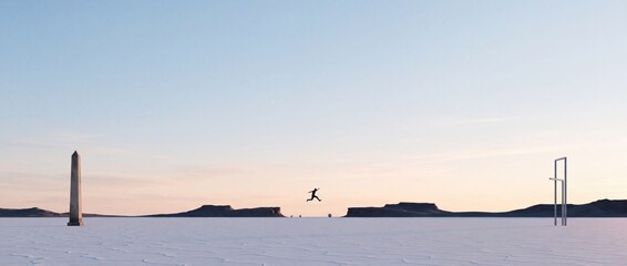 Fototapeta premium A Man Jumps Over a Gap Between Mesas in a Surreal Salt Flat Desert Landscape Featuring an Ancient Obelisk and Minimalist Structures Under a Vast Clear Sky, Symbolizing Freedom and Overcoming Obstacles