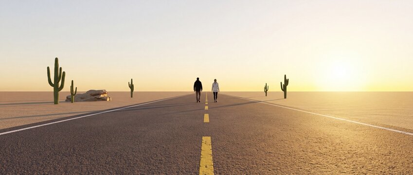 Rear view of a young couple walking down a long straight asphalt road in a vast desert landscape with cacti under a warm golden sunset sky, representing journey, exploration, and future goals.
