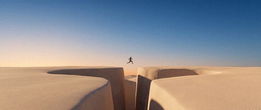 Silhouette of a man jumping over a wide gap between sand dunes in a vast desert at sunset, representing courage, overcoming challenges, and achieving success in a wide conceptual landscape.