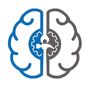 Human brain with hammer wrench, design abstract for psychology concept, work psychologist, psychotherapist. Logo design vector.