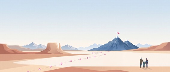 Fototapeta premium Minimalist vector illustration of a family standing in a wide desert landscape looking at a winding path with milestones leading toward a high mountain peak with a flag, symbolizing goals.