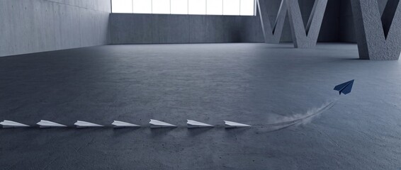 Fototapeta premium Minimalist Concept of Leadership and Innovation Showing a Single Blue Paper Airplane Taking Off and Breaking Away from a Line of White Planes in a Modern Concrete Industrial Hall
