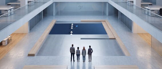 Fototapeta premium Diverse Group of Business Professionals in a Spacious Modern Office Atrium Observing a Unique Blue Paper Plane Leading a Formation, Symbolizing Innovation, Leadership, and Strategic Direction.