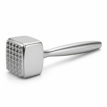 Silver Metal Meat Tenderizer with Textured Head on White Background