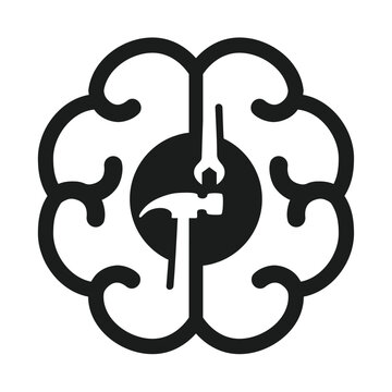 Human brain with hammer wrench, design abstract for psychology concept, work psychologist, psychotherapist. Logo design vector.