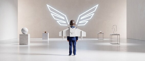 Fototapeta premium Little boy in a formal suit wearing a pilot hat and toy wings standing in a modern art gallery with a glowing neon wing sign, representing childhood dreams, high ambition, and business potential