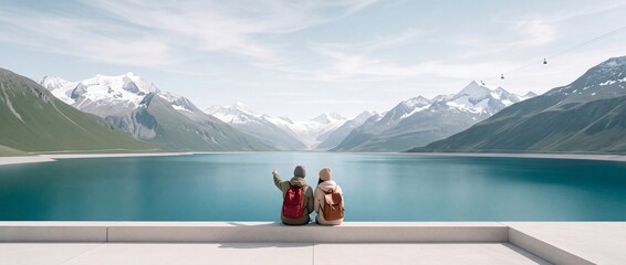 Fototapeta premium Young traveling couple with backpacks sitting on a dam wall and pointing at a breathtaking panoramic view of a turquoise alpine lake and majestic snow-capped mountains during a sunny day.