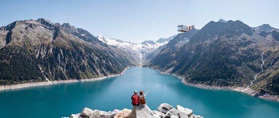 Fototapeta premium Hiker couple sitting on a cliff looking at a panoramic view of a turquoise mountain lake with a futuristic glass cabin on a ridge, wide angle landscape of the Alps adventure travel concept.