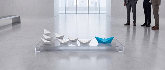 Fototapeta premium Conceptual Leadership Imagery Featuring One Blue Paper Boat Leading Several White Ones on a Glass Platform in a Modern Minimalist Office Hall with Businessmen Standing in the Background