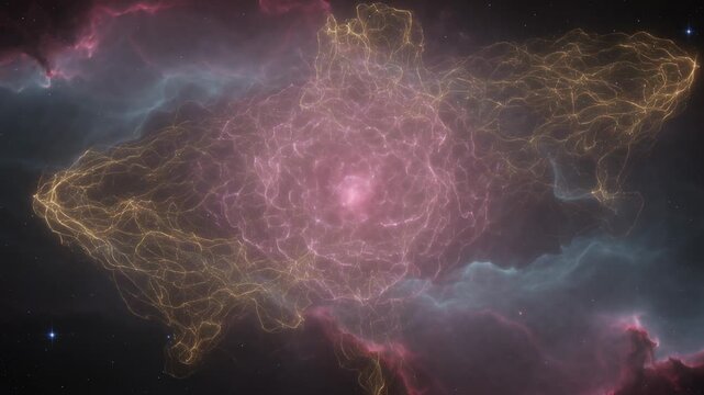 Emitting central core sending rings and growing golden plasma lobes within pink blue nebula