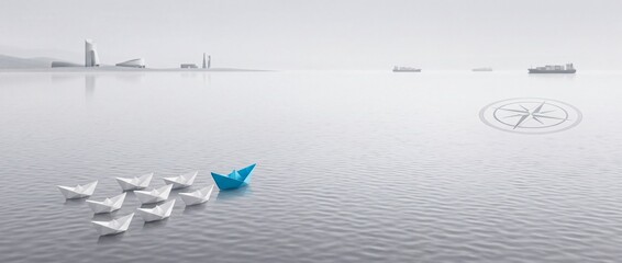 Fototapeta premium Leadership and business strategy concept featuring a blue paper boat leading white origami boats on calm water with industrial cargo ships and a navigation compass icon in wide context.