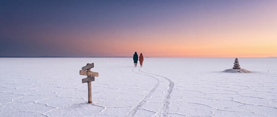 Fototapeta premium A young couple in robes walks across the vast white expanses of a salt flat desert toward the horizon at sunset, featuring a blank wooden signpost, tire tracks, and a zen stone cairn in a wide
