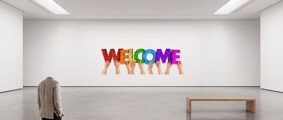 Fototapeta premium Modern Art Gallery Interior Featuring a Large Colorful Welcome Sign Held by Human Hands on a White Wall, Minimalist Museum Space with a Visitor and Wooden Bench in a Creative Concept Installation
