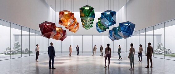 Fototapeta premium Diverse Group of People Observing Large Faceted Colorful Geometric Crystal Sculptures Hanging in a Modern Minimalist Art Gallery or High-Tech Corporate Lobby with Panoramic Windows and Bright Interior