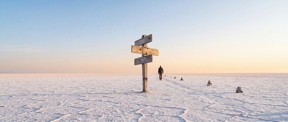 Fototapeta premium A man walking away on a vast white salt flat toward the horizon at sunset with a rustic wooden directional signpost in the foreground, symbolizing life choices, journey, and path to the future