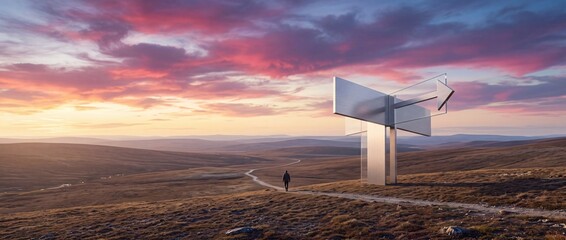 Fototapeta premium Lone traveler walking on a winding path towards a modern metallic signpost in a vast hilly landscape under a dramatic pink sunset sky, symbolizing direction, future goals, and leadership.