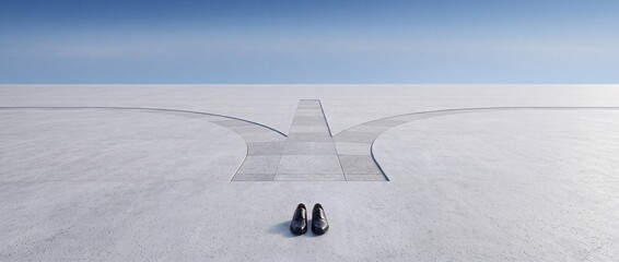 Fototapeta premium A pair of black formal leather shoes standing before a three-way fork in the road on a vast concrete pavement under a clear blue sky, symbolizing career choices, life decisions, and future paths.
