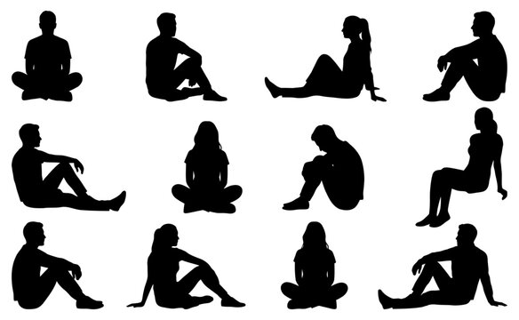 People sitting on ground silhouette set in relaxed poses for architectural scale figures | Flat vector illustration