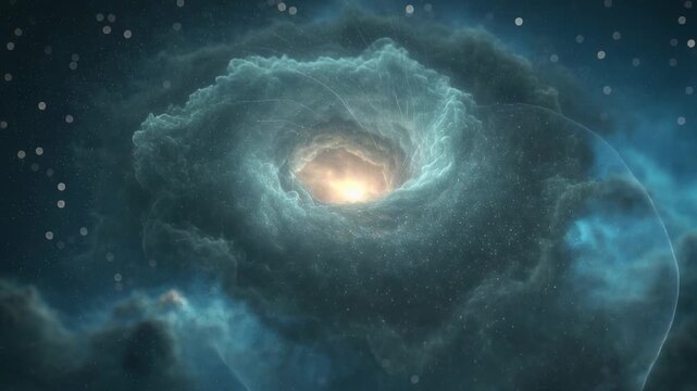 Tightening spiral gas cloud forming rosette in deep space, central luminous core pulling particles
