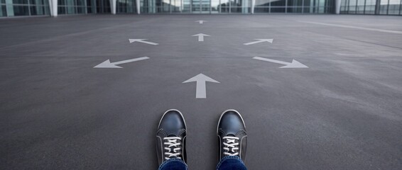 Fototapeta premium Wide angle POV of a person wearing casual shoes standing in front of several white directional arrows on asphalt, symbolizing career choices, decision making, navigation, and life path options.