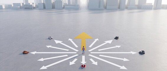 Fototapeta premium Wide angle conceptual view of a person standing at a crossroads with multiple direction arrows and different footwear types, symbolizing career choices, life paths, and decision making in a city