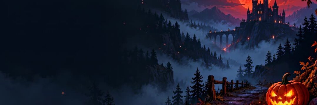 Pixel art Halloween castle in dark mountain forest with glowing pumpkin, website banner with copy space