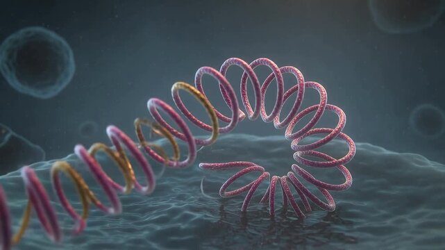 Descending knobbed particle contacting membrane, causing shell rupture and extruding pink-gold coil