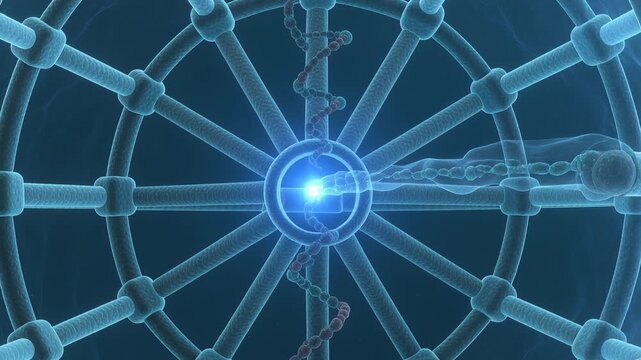 Advancing long rod from right aligning with axis inside cage, threading helical strand into core