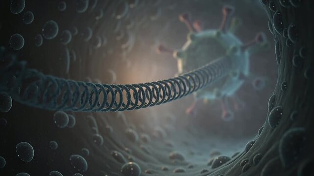 Opening spiked particle apex releasing coiled filament into tubular lumen, ring apex, droplets