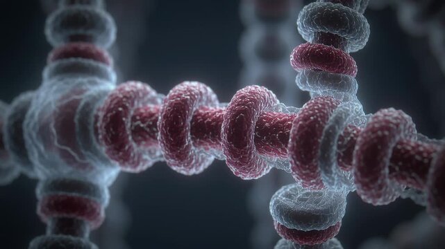 Pushing camera into centered molecular lattice node, revealing threaded torus rings on crossing rod