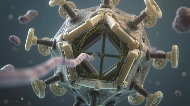 Coming filament touching star penton rotating plates opening large capsid in fluid